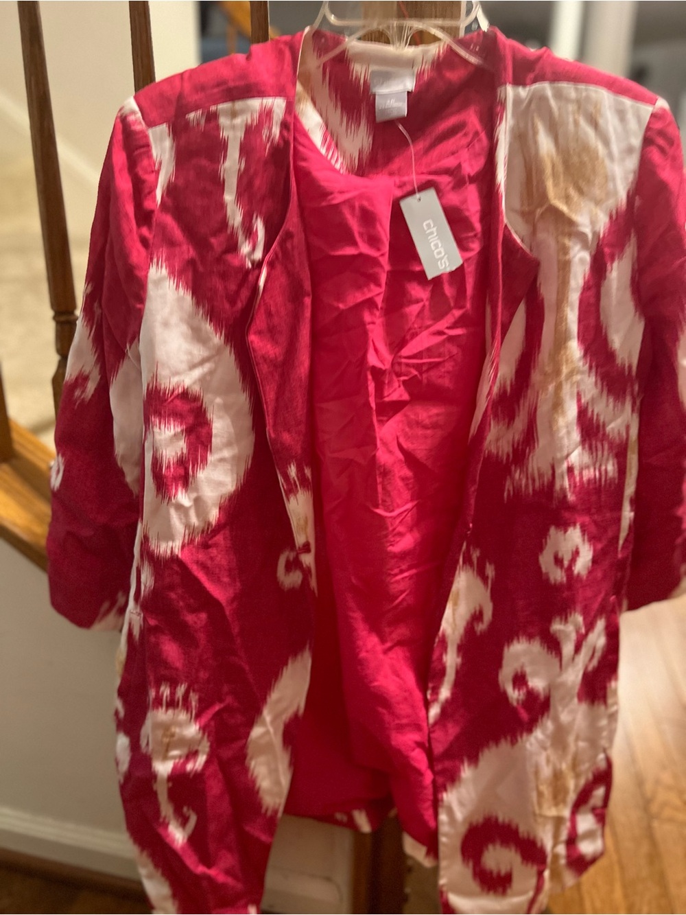 Chico's Pink and Cream Patterned Open Front Jacket